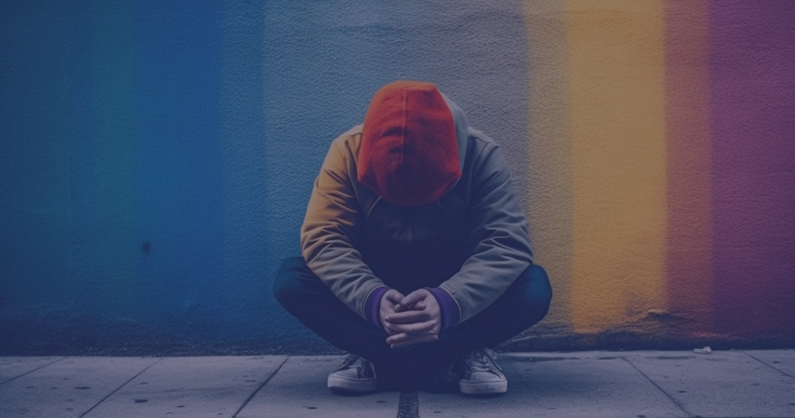 Henkilö on kyykistynyt ulkona seinän viereen ja hän on vetänyt hupun päänsä yli. Taustalla seinässä on sateenkaaren värejä.