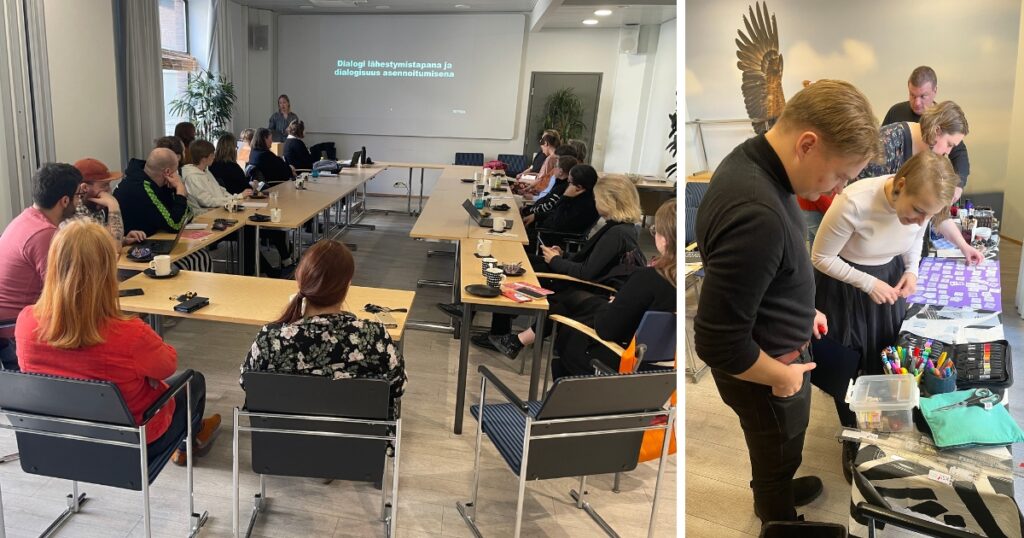 Sali, jonka edessä henkilö puhuu ja valkokankaalla on teksti: Dialogi lähestymistapana ja dialogisuus asennoitumisena. Parikymmentä henkeä kuuntelee pöytien ääressä. Toisessa kuva neljä henkilöä tutkii pöytää, jolla on askartelutarvikkeita.