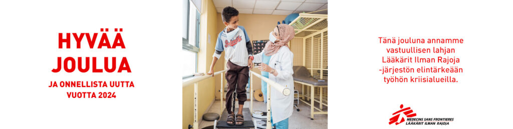 Lääkäri kuntouttaa lasta kävelemään. Lapsella on jalassa proteesi ja hän ottaa kädellä tukea tangosta. Teksti: Joulun toivelahja, elämän jatkuminen. Teksti: Tänä jouluna annamme vastuullisen lahjan Lääkärit Ilman Rajoja -järjestön elintärkeään työhön kriisialueilla.