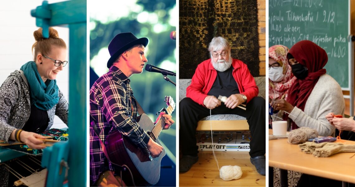 Kollaasi, jossa on neljä kuvaa. Ensimmäisessä henkilötekee kangaspuiden päällä pientä seinävaatetta. Toisessa henkilö soittaa kitaraa ja laulaa mikrofoniin. Kolmannessa henkilö istuu sohvalla haara-asennossa ja kerii villalankaa. Lankakerä on lattialla hänen jalkojensa välissä. Neljännessä kaksi henkilöä istuu luokassa pöydän ääressä ja kutoo sukkaa.