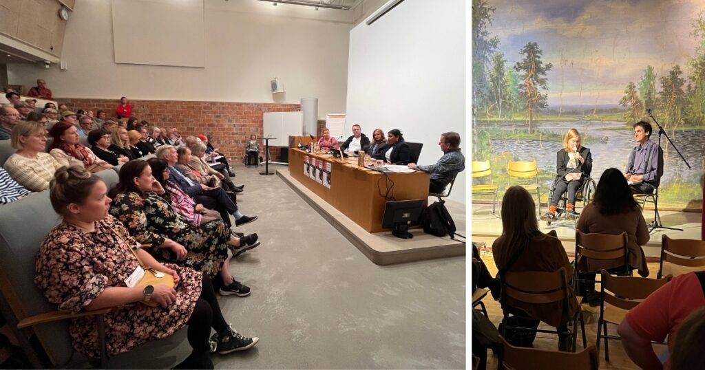 Kaksi kuvaa. Ensimmäisessä ihmiset kuuntelevat auditoriossa paneelikeskustelua. Toisessa kaksi henkilöä keskustelevat työväennäyttämön lavalla, yleisö kuuntelee.